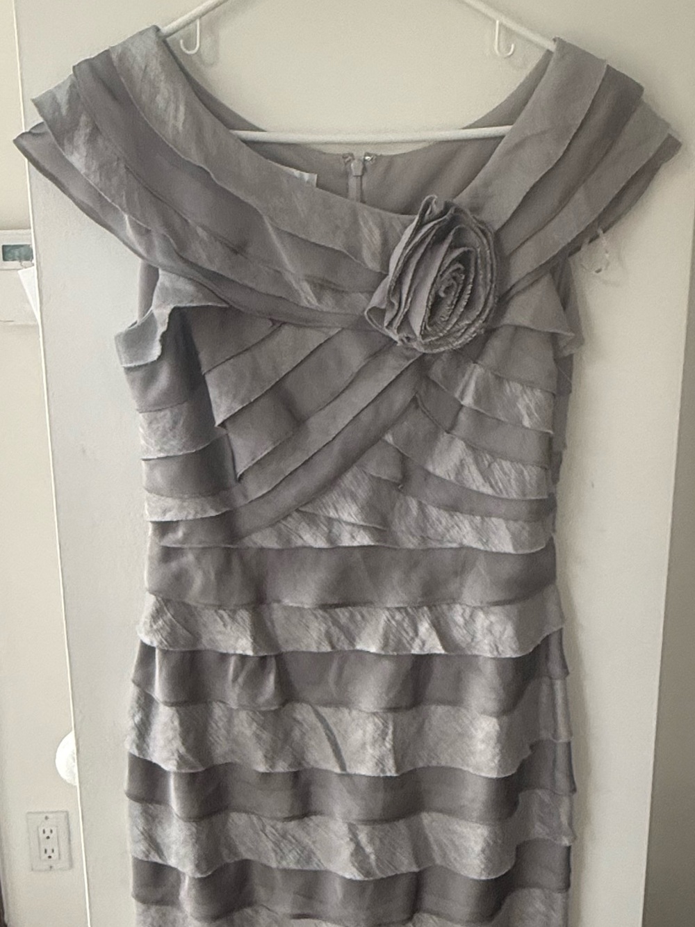London Times  Gray Layered Cocktail Dress with Rosette